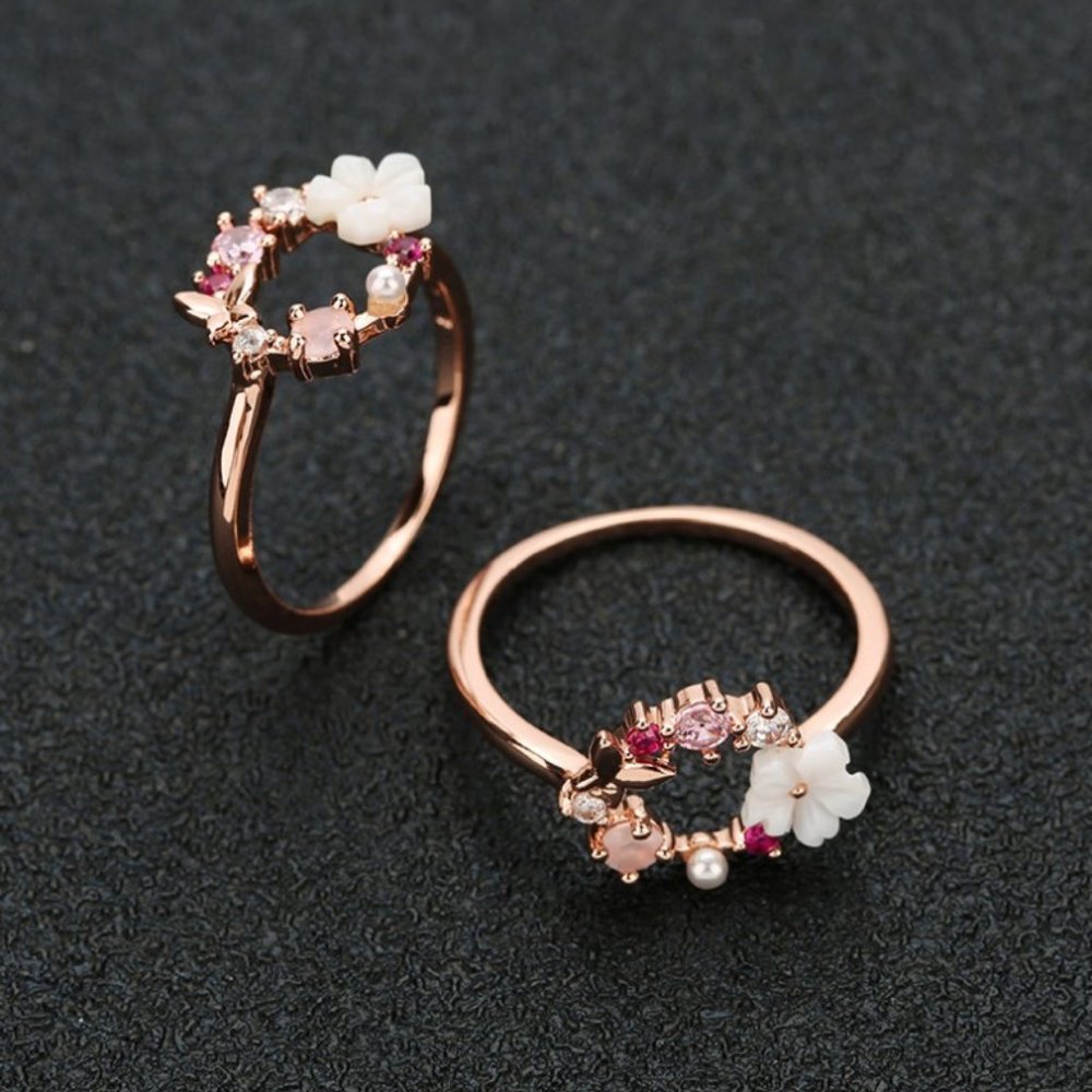 NEW 18K Rose Gold Flower Butterfly Circle Ring - Picture 2 of 5